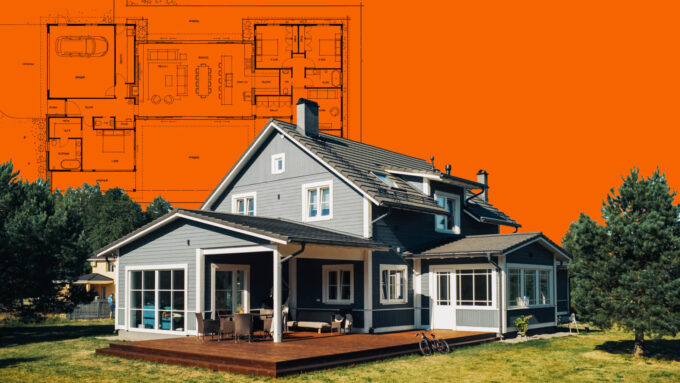 A home with a covered porch and deck superimposed in front of home blueprints with an orange background.