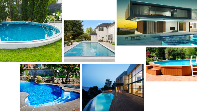 Photo collage of various styles of swimming pools.