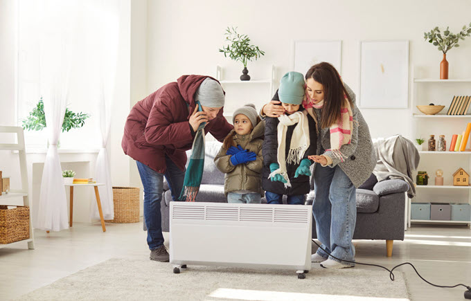 A family huddles around a portable heater after failing to prepare their HVAC system for winter.