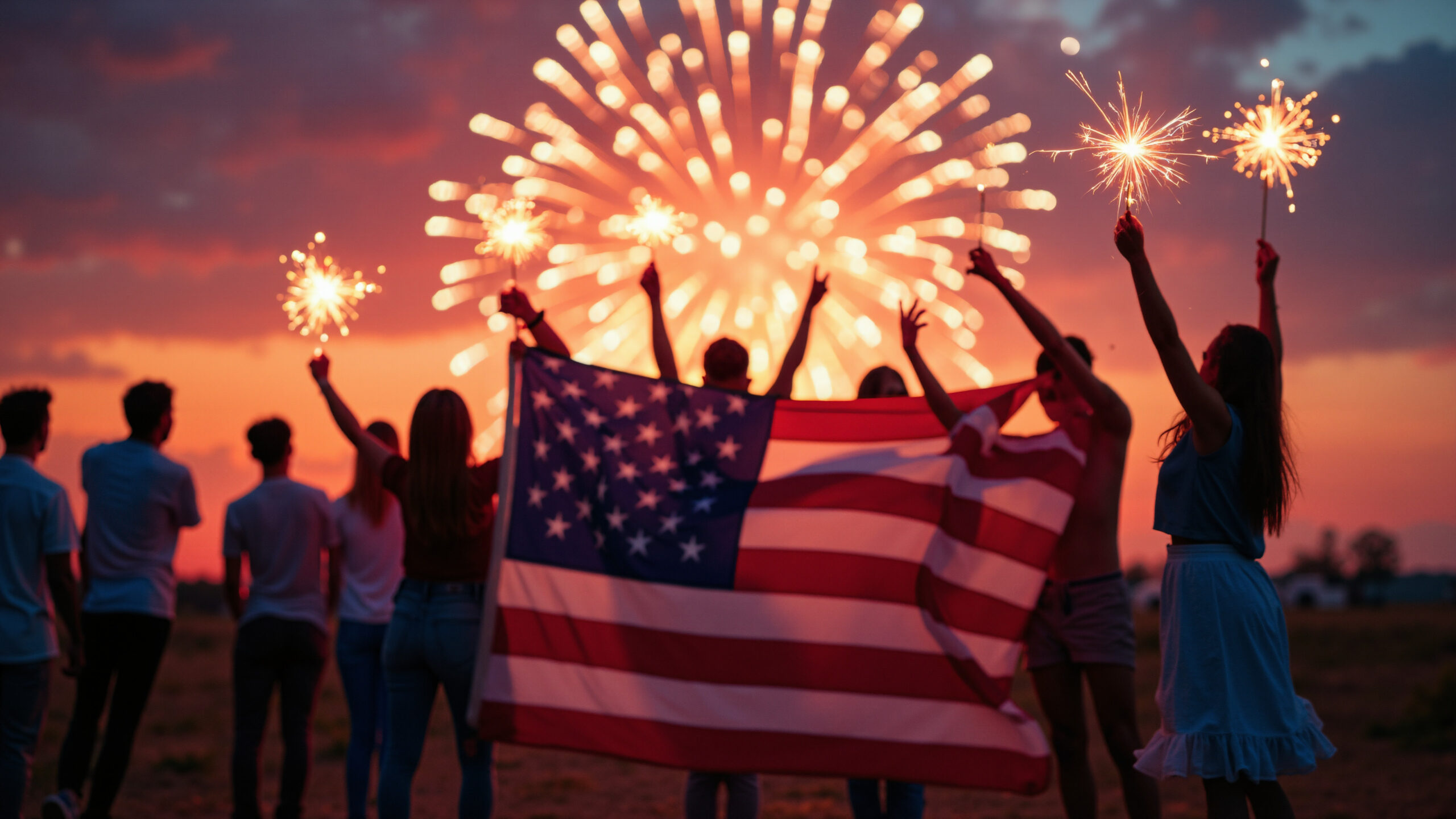 A group of people celebrate American freedom holding a flag while watching fireworks on Independence Day.