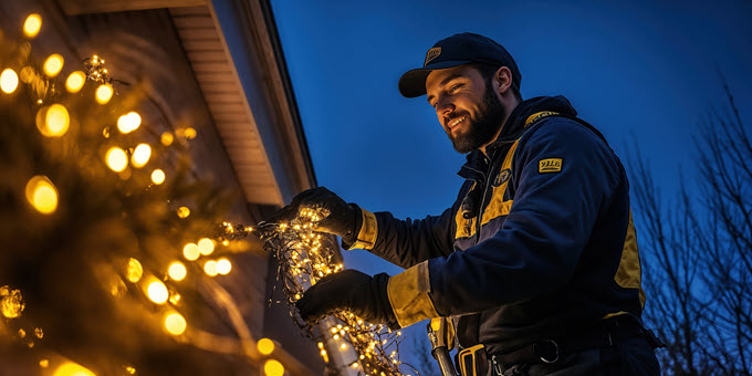 A man decorates his house with holiday lights.