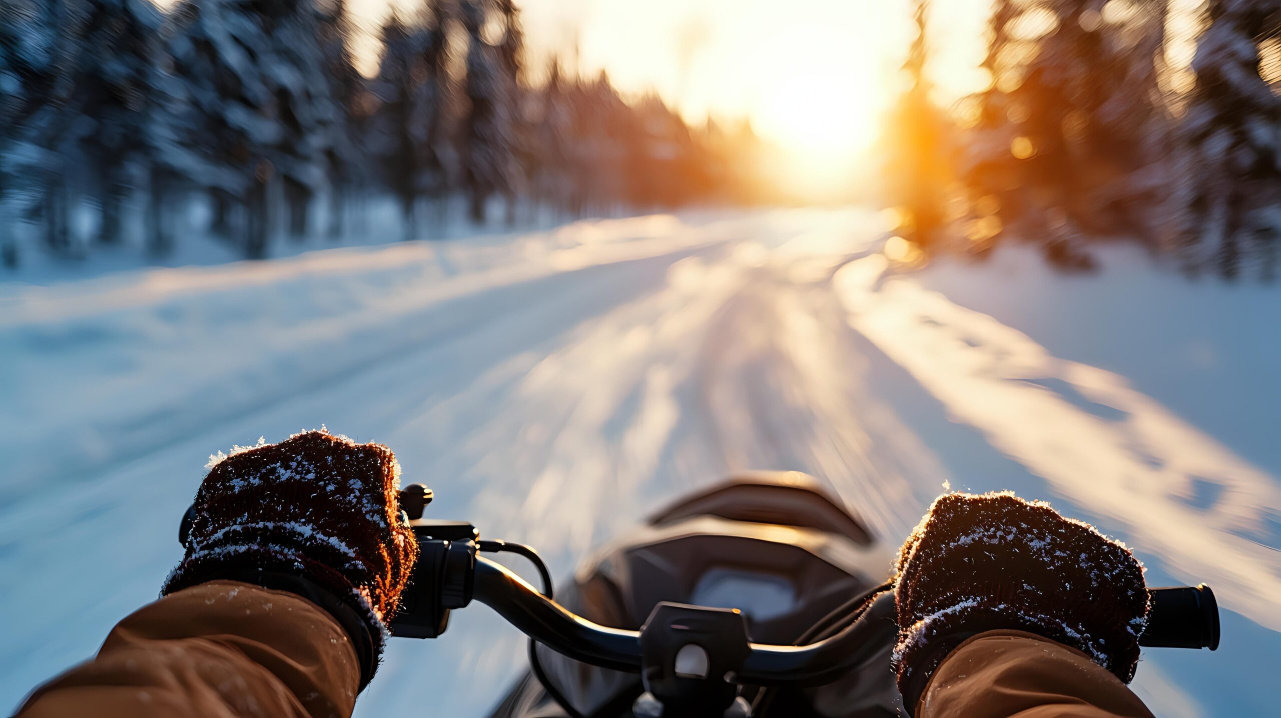 a persons hands rest on the handles of a snowmobile as they drive toward a setting sun.