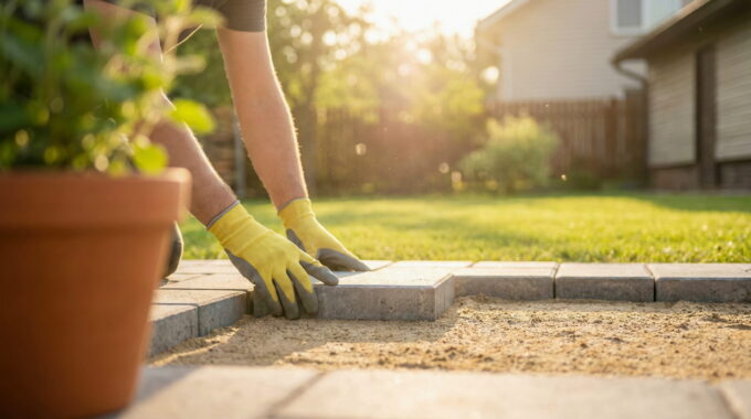 Hands in gloves carefully lay paving stones for a new garden patio. Home improvement and landscaping project on a sunny spring day.