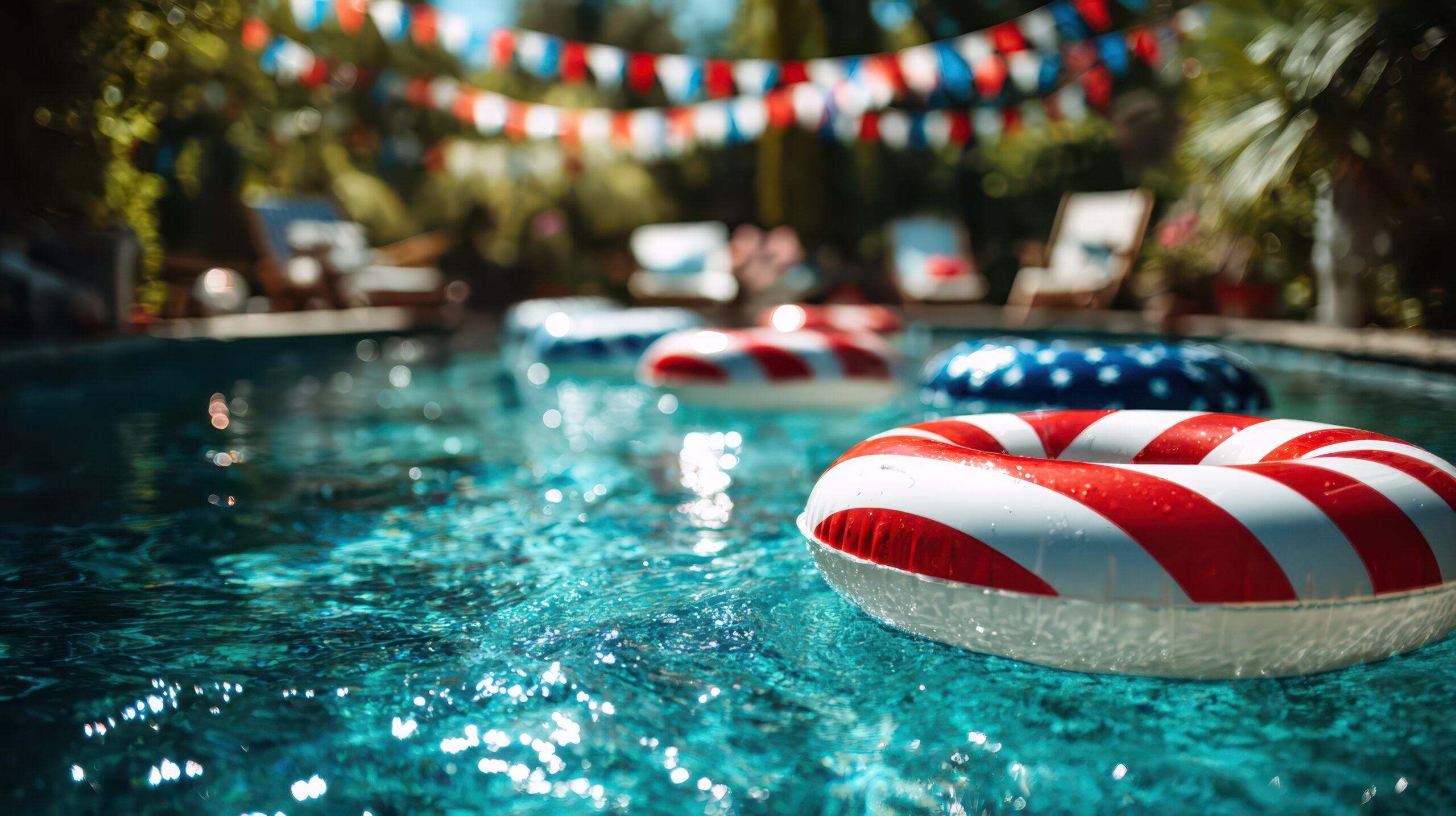 Stunning photo of Summer pool party with patriotic red white and blue inflatable rings and festive bunting decorations