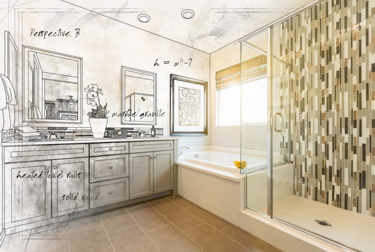 Custom Master Bathroom Design Drawing Gradating to Finished Photograph.