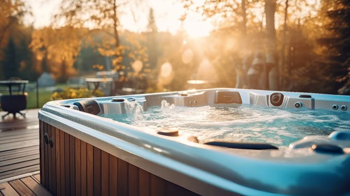 Picture of a hot tub on a crisp winter day as the sun sets in the distant horizon.